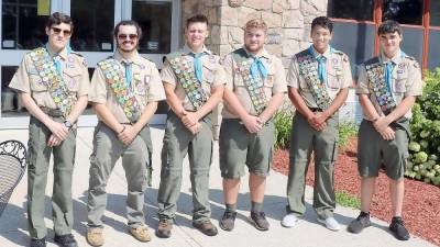 Six Boy Scouts from Troop 45 advanced to Rank of Eagle: From left are Luke C. Blumenberg, Sean R. Gaynor, Maxx R. Hartmann, Gabriel M. Montalvo-Zotter, Johathan A. Vargas and Michael N. Velez-Cosgrove. Photo by Roger Gavan.