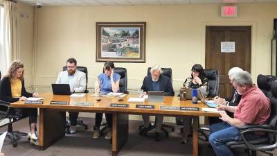 (From left) Warwick Village Board Clerk, Raina Abramson. Trustee Thomas McKnight, Trustee Mary Collura, Mayor Michael Newhard, Trustee Carly Foster, Trustee Barry Cheney, and DPW Supervisor Michael Moser.