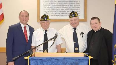 From left, Greenwood Lake Mayor Jesse Dwyer, Legion Cdr. Tom Mulcahy, Sgt. at Arms Rich McKenna, and Chaplain Father Robert Sweeney.