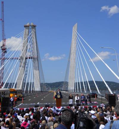 Photos by Janie Rosman Gov. Andrew Cuomo addresses attendees during the opening of the westbound span of the Gov. Mario M. Cuomo Bridge, formally called the Tappan Zee Bridge.