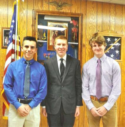 Provided photo During a recent meeting at Warwick's American Legion Post 214, three Warwick Valley High School seniors, from left, Zack Bauman, Brian Rieber and Adian Finn, addressed its members to report on their experience at Boys State this past summer.