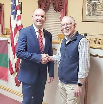 Greenwood Lake Mayor Jesse Dwyer (left), Republican nominee for Warwick Town Supervisor, shakes hands with incumbent Supervisor Michael Sweeton, who is retiring at the end of his term. Provided photo.