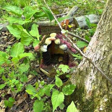Warwick PIE 1-2 students created natural animal homes (like this one pictured), which can be found along the trail.