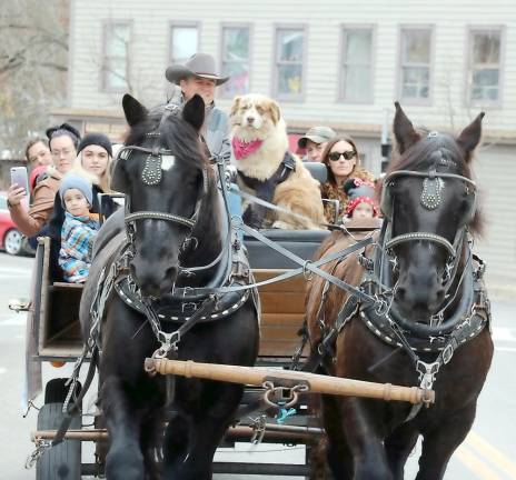 This is a file photo by Roger Gavan of Sean Giery and his team of Percherons, Jack and Bob, and mascot “Butch” providing horse and buggy rides during last year’s Home of the Holiday celebration. Due to the pandemic restrictions, this year’s celebration will be festive but not include the weekend horse and buggy rides.