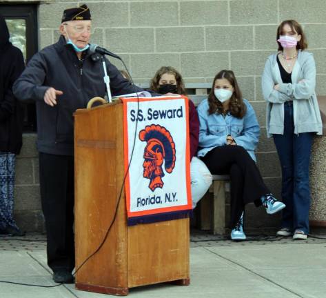 JR Pillmeier, S.S. Seward Institute Class of 1947, as he addressed the school’s entire student body at the Veterans Day celebration last week. He told the students: “You are the future of America. There’s nothing you can’t do!”