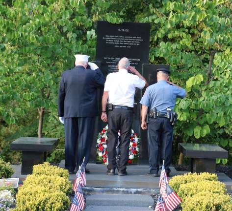 During the ceremony representatives of the Police Department, Fire Department and Ambulance Corps laid a wreath at the Warwick Citizens World Trade Center Memorial.