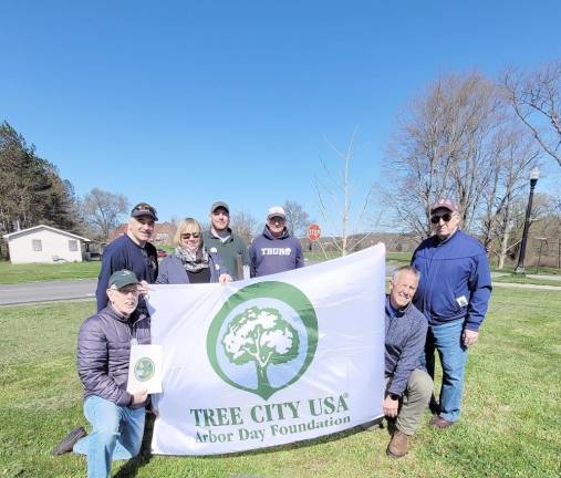The Town of Warwick Tree Commission held a tree planting ceremony on Arbor Day in Wickham Woodlands. Attending the ceremony (from left) were Town Supervisor Michael Sweeton, Deputy Town Supervisor James Gerstner, Town Tree Commissioner Karen Emmerich, Tree Commissioner Connor Smith, Town Parks Dept. Superintendent Bill Roe, Tree Commissioner Carl Lloyd, and Town Councilman Floyd DeAngelo.
