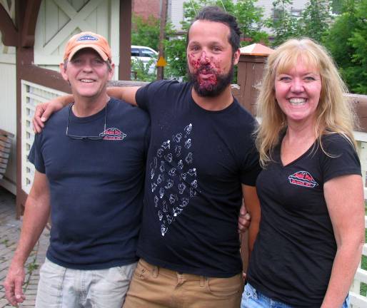 Photos by Roger Gavan The winner was Eddie Road House (yes, that's his name) of Warwick posing with Noble Pies owners Tom Herman and his wife Leslie Noble.