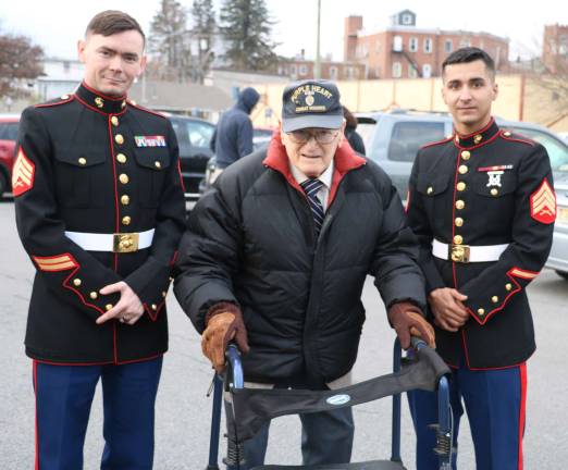 World War II Marine veteran William Kudla, 92, had an opportunity to chat with fellow Marines Sgt. Tim Martinez (left) and Sgt. Justin Silva. Kudla fought the Japanese in the Mariana Islands.