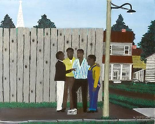 Harmonizing by Horace Pippin depicts a Goshen scene.