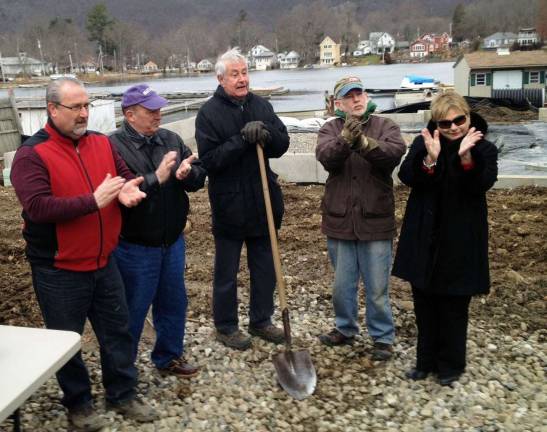 Photo by Roy Dieterle The East Arm Rowing Club located at 69 Sterling Road in Greenwood Lake has broken ground for the start of construction on their new boat house. Pictured from left to right are: William Prol, whose Warwick-based construction company will build the boat house; Warwick Town Councilman Floyd DeAngelo; East Arm Rowing Club President Alex Emodi with ceremonial shovel; Warwick Town Supervisor Michael Sweeton; and Greenwood Lake Village Mayor Barbara Moore.