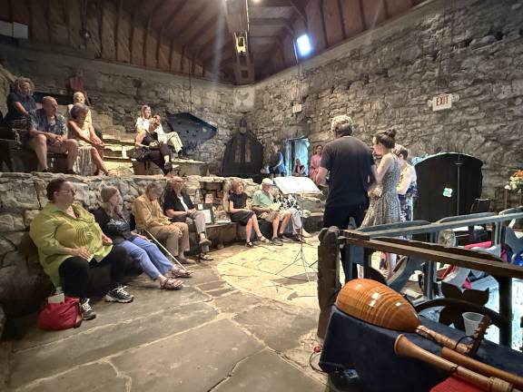 From left, Piffaro Trio of Sian Ricketts, Priscilla Herreid, and Grant Herreid at Pacem in Terris on July 20, 2025.