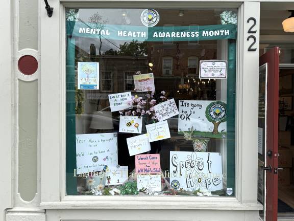 A storefront display of hopeful messages for Mental Health Awareness Month in the Village of Warwick.