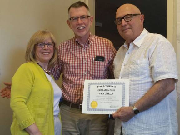 Photo provided by Jean Corbi Ciappa Pictured here are Doris Rubinsky, Jewish Family Service liaison to the Town of Warwick Friendly Visitor Program, Warwick Town Supervisor Michael Sweeton, and Vince Copello, Volunteer of the Year.