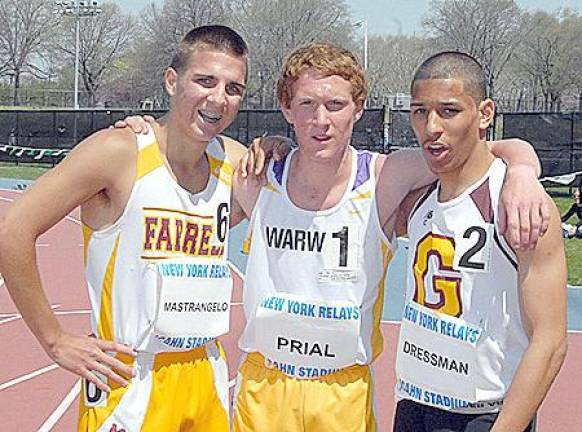 While at Warwick Valley High School, Dan Prial had been a track star and one of the first students in Orange County to become a member of the International Mathematics Honor Society, Mu Alpha Theta. Pictured here are the top three runners in the Steeplechase at the 2008 New York Relays: From left to right, Third Rob Mastrangelo, Second Dan Prial and First Taylor Dressman.