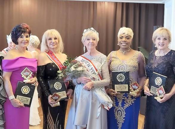 Newly crowned Ms. New York Senior America Lynne Arnold, center, with her court. From left were Joan Garrison, 3rd Runner Up, of Mount Sinai; Tina Hanley, 1st Runner Up, of Brooklyn; Monica Booker-Brooks, 2nd Runner Up, of Garden City Park; and Linda Fostek, 4th Runner Up, of East Northport.