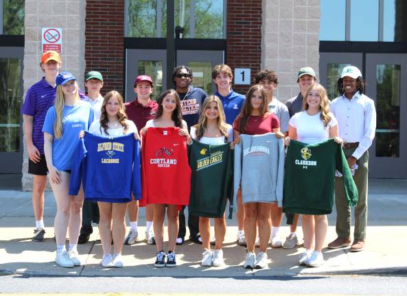 Left to right on a front: Genevieve Boyle, Laci Annunziato, Samara Beauregard, Reese Girardi, Madelyn McSweeney, Madison Jakubek. Left to right (second row): Tom Knox, Klaus Lindenau, Joseph Cerulli, Aaron Callender, Dylan Gjertsen, Matt Slaybaugh, Tom Ronan, Logan Conley.