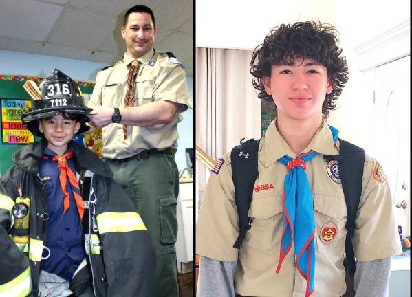 Left: A young Holden with his dad, Jeffrey Frommeyer. Right: Holden today.