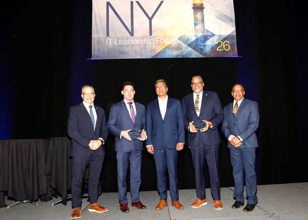 L-R: Glenn Marchi-Orange County CIO, Justin Klepper-Up and Coming Leader Award, Dru Rai-NYS CIO, Lane Hunt-High Impact Leader Award, Greg Johnson-Orange County Deputy CIO.
