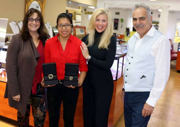 Photo by Roger Gavan The lucky winner was Anna Javier of Middletown. From left, Forever Jewelers Sales Associate Patti Dempster, Anna Javier, Manager Catherine Adelhoch and co-owner Moshe Schwartzberg.