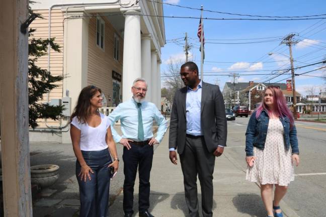 Congressman Mondaire Jones (D-NY17), second from right, walked around the Village of Warwick with Mayor Michael Newhard, second from left, and Brooke Lorimer, far right, Warwick Valley Chamber of Commerce public relations coordinator, and Kim Corkum, left WVCC treasurer.