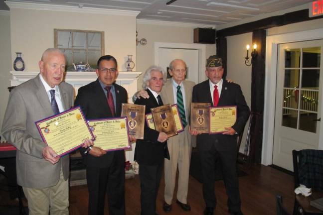 L-R: Evarist Lemay, Eduardo Avila, Richard D’Agostino, Donald P. Grenier, and VFW Commander Jose Morales. CDR Morales is holding Grenier’s certificate and plaque, which was presented to Grenier after the picture.