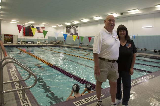 Long time WVHS swim coaches John and Antoinette Quinn at the ribbon cutting and re-opening of the Anthony C. Quinn Memorial Swimming Pool at Warwick Valley High School. The pool is dedicated to their son, an accomplished swimmer who passed away in 2004.