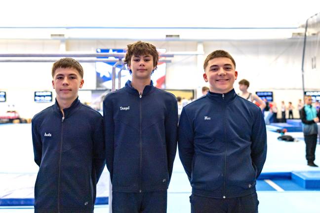 L-R: Austin Frommer, Danyal Hafeez and Macklin Tomlinson will compete at the USA Gymnastics Men’s Eastern National Championships.
