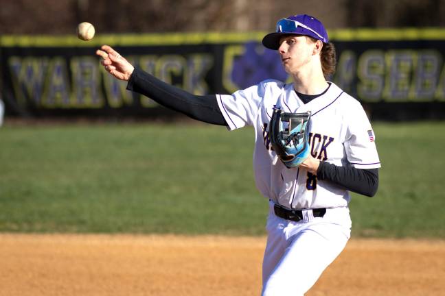 Warwick Valley’s Jack Gobinski at the Warwick vs. Wallkill varsity baseball game on April 9, 2025.