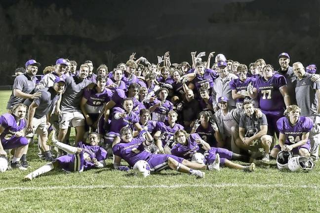 Warwick Varsity Football celebrates a win over Goshen and retains the Spirit Trophy. Warwick vs Goshen is the second longest running high school football rivalry in New York State behind Rome Free Academy and Utica Proctor.