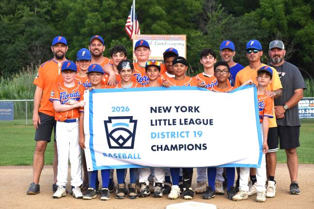 Florida Little League’s Major All-Star Team:Back row, left to right: Coach Josh Caldwell, Florida Little League President James McAteer, Manager Ray Younghans, Coach Justin Riordan and Coach Matt McKeonSecond row, left to right: Tom McKeon, Zach Younghans, RJ Kearns, Rocco Covelo and Gavin GuerraFirst row, left to right: Patrick Grogan, Sebastian Clark, Austin Caldwell, Colin Riordan, CJ Davila, Rylen Mejia and Joe Riordan