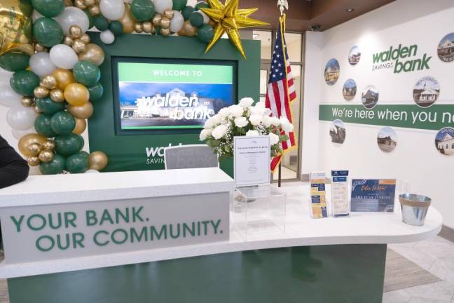 A customer-service area in the lobby of Walden Savings Bank’s Scott’s Corners Headquarters Branch, featuring its digital transformation.Photo