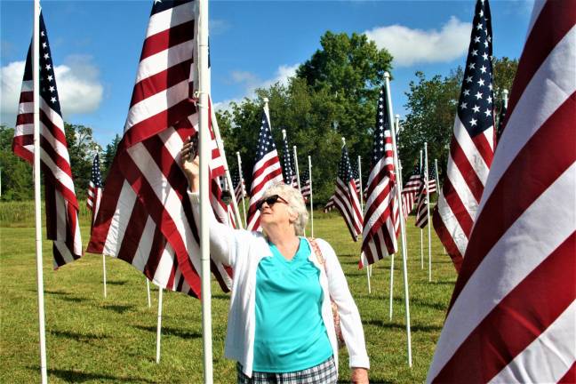 Lareine Barry checks the name on a flag in the Flags for Heroes display on Route 94. Barry said she was looking for her son, Rev. Michael Barry, Jr. who served 21 years in the United States Air Force before retiring in 2011.