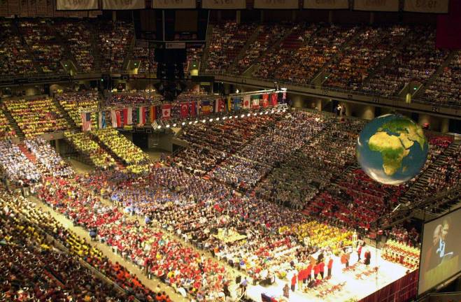 More than 20,000 students and supporters from around the world attended the 33rd annual Odyssey of the Mind World Finals competition last May at Iowa State University. This photo was taken at the closing ceremonies.