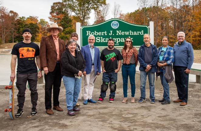 Warwick Skatepark Initiative (WSI) members Patrick Tyler, Bill Lindberg and Lynn Ruvolo, Trustee Mary Collura, Mayor Michael Newhard, WSI member Steve Wanczowski, park liaison Carly Foster, WSI members Dave Gatz, Donna Kaminski, and County Legislator Barry Cheney.