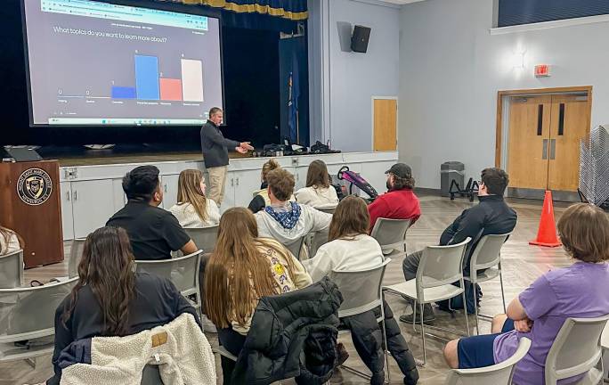 Det. Andrew Kryger, Youth Bureau Officer at the Stony Point Police Department, discusses the dangers of driving while impaired or distracted at a recent workshop at Mount Saint Mary College.