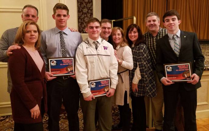 Pictured from left to right: Bridget and Dan McNally with son Danny McNally, Harrison Parrelli pictured with his parents Deb and Charles Parrelli and Jennifer and Brian Perez pictured with Connor Perez. McNally, Parrelli and Perez have been named to First Team All Section.