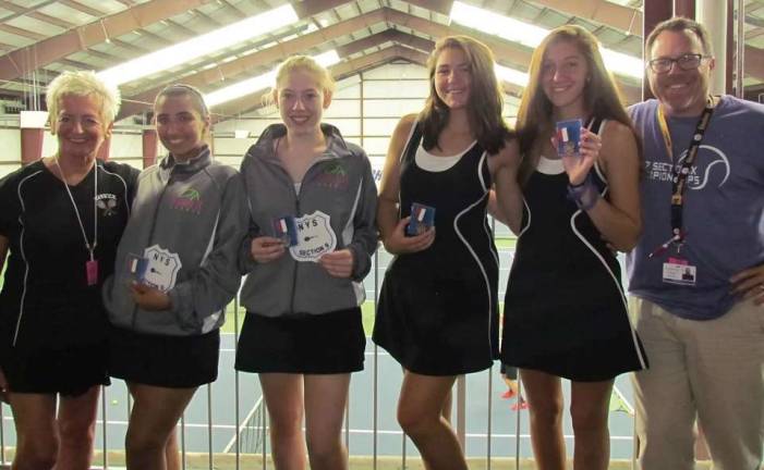 Photo provided by the WVHS Athletic Department Pictured from left to right are Warwick Valley Girls Varsity Tennis Coach Susan Filingeri, Ava Ghobadian, Jackie Grundfast, Ulina Kitar, Stephanie Menoutis and Coach William Zwart.