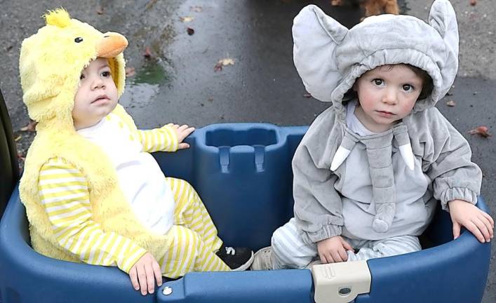 The chicken shares a ride with an elephant. From left, Emma Curran, 17 mos. and her twin sister Kera.