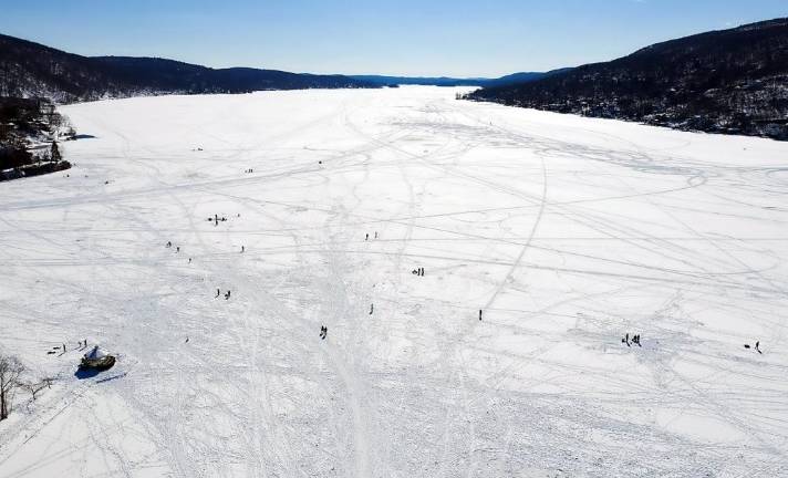 Greenwood Lake. Celebrating winter and the cold on the lake