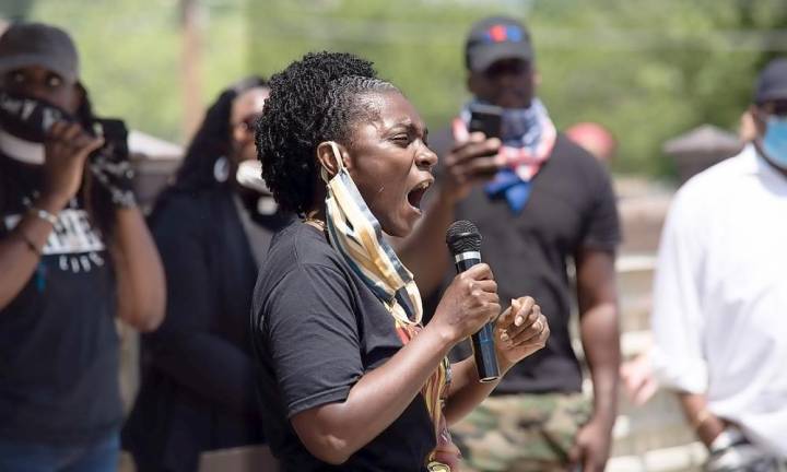Ann Marie Bentsi-Addison speaks at Warwick Against Racism Protest on Saturday, June 6. Photo by Tom Kates.
