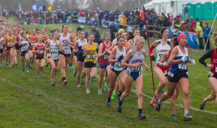 Provided photoSUNY New Paltz Women's Cross Country member Megan Reilly of Warwick finished fourth overall at the DIII National Championship, breaking the SUNY New Paltz program record and qualifying for the NCAA DIII National Championship meet. She is pictured here, the fifth runner from the right, wearing No. 170 for New Paltz.