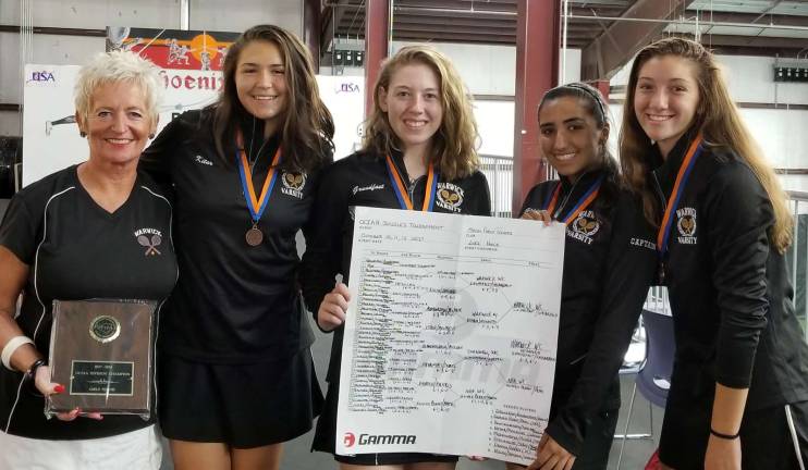 Provided photo Pictured from left to right are Warwick Valley Girls Varsity Tennis Coach Susan Filingeri and team members Uliana Kitar, Jacqueline Grundfast, Ava Ghobadian and Stephanie Menoutis.