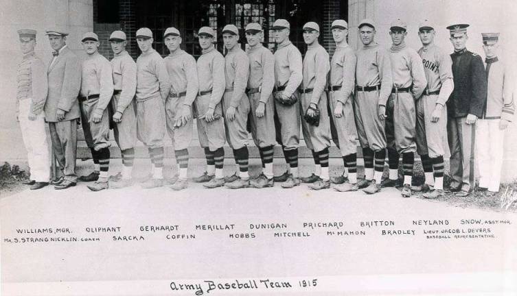 The future five-star general Omar Bradley is the second player in baseball uniform( or fourth) from the right.