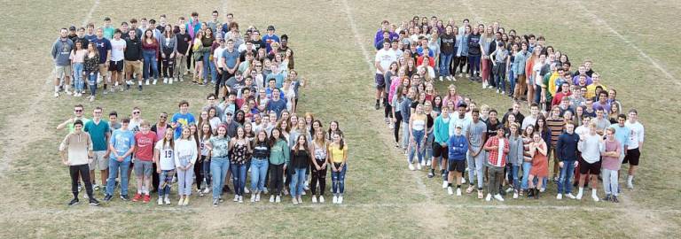 Members of the 2020 Warwick Valley High School Senior Class line up in the style for the class photo taken by Therese McLoughlin of the Art Department. The photo was taken prior to March 13, 2020.