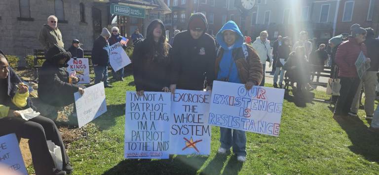 No Kings attendees display their signs.