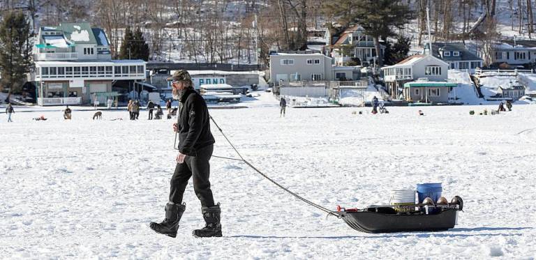 Greenwood Lake. Celebrating winter and the cold on the lake