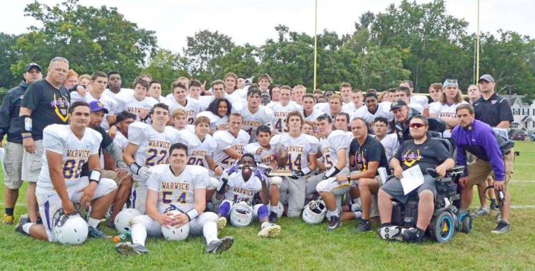 Provided photo The Warwick Valley Wildcats defeated the Goshen Gladiators to retain the Spirit Trophy in a last-minute thriller on Saturday, Sept. 9, at Goshen&#x2019;s Gustafson Field.