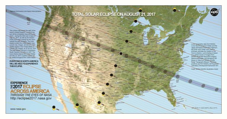 Photo courtesy of NASA&#x2019;s Scientific Visualization Studio Figure 2- This map shows the globe view of the path of totality for the August 21, 2017 total solar eclipse.