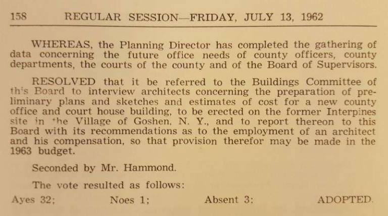 The 1962 regular session in which the task of interviewing architects was assigned to the &#x201c;Buildings Committee&#x201d; of the Orange County Board of Supervisors. (Photo provided)